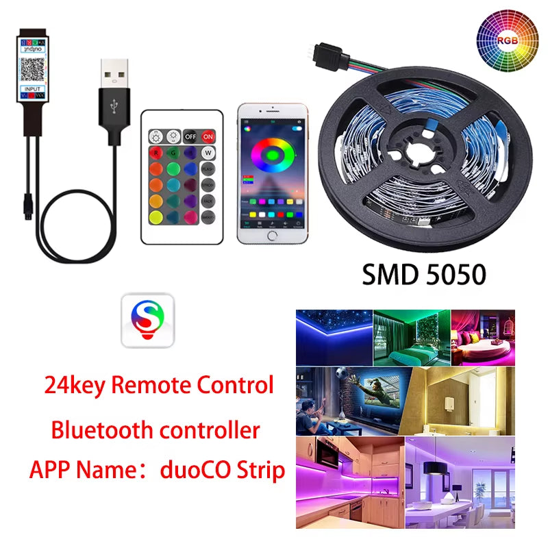 Bluetooth RGB LED Strip Light with Sound Sensor - Flexible USB Lamp Tape for TV Backlighting (1M, 2M, 3M, 4M, DC5V)